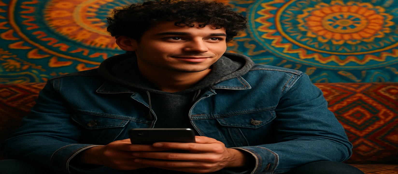 একজন ব্যক্তি সোফায় বসে 7p77 অ্যাপটি স্মার্টফোনে চালাচ্ছেন